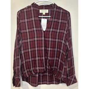 Cloth & Stone NWT Women’s Drape Front Plaid Blouse Top‎ Burgundy/Pink Size XS